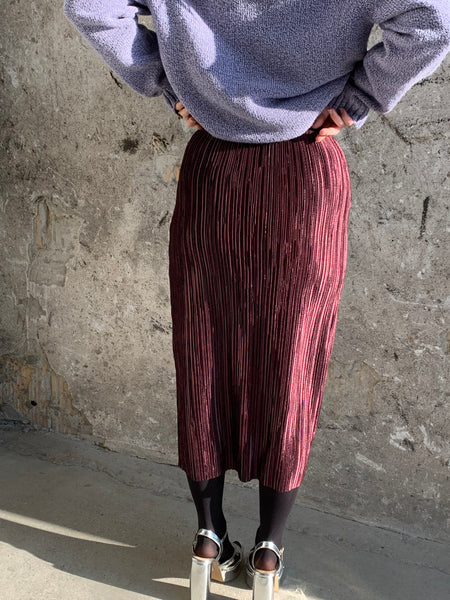 purple satin pleated midi skirt