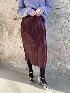 purple satin pleated midi skirt