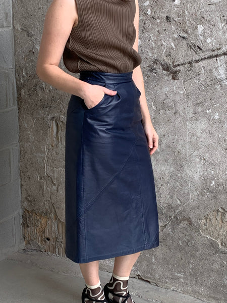 navy leather midi skirt