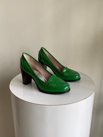 green heeled loafers