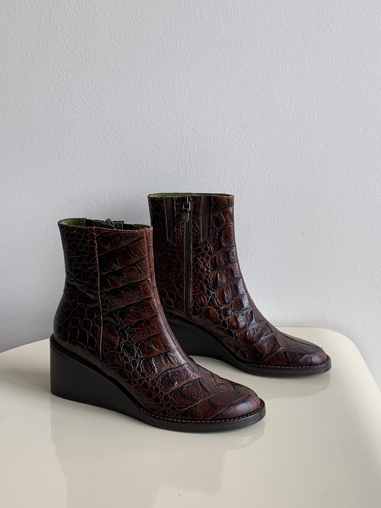 brown croc wedge boots