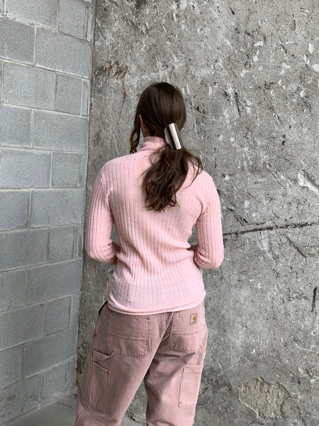 pink ribbed turtleneck sweater