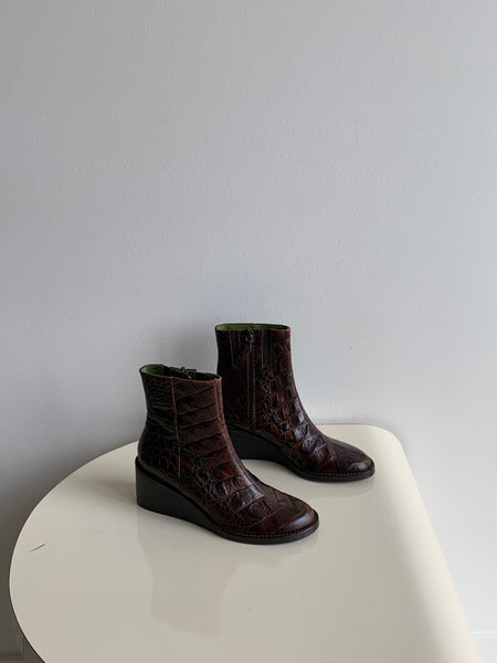 brown croc wedge boots
