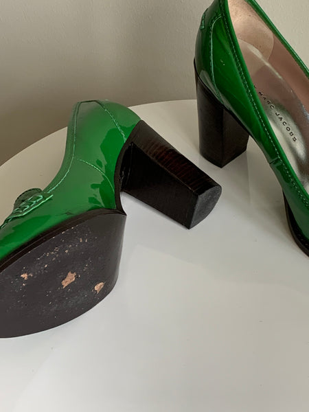 green heeled loafers